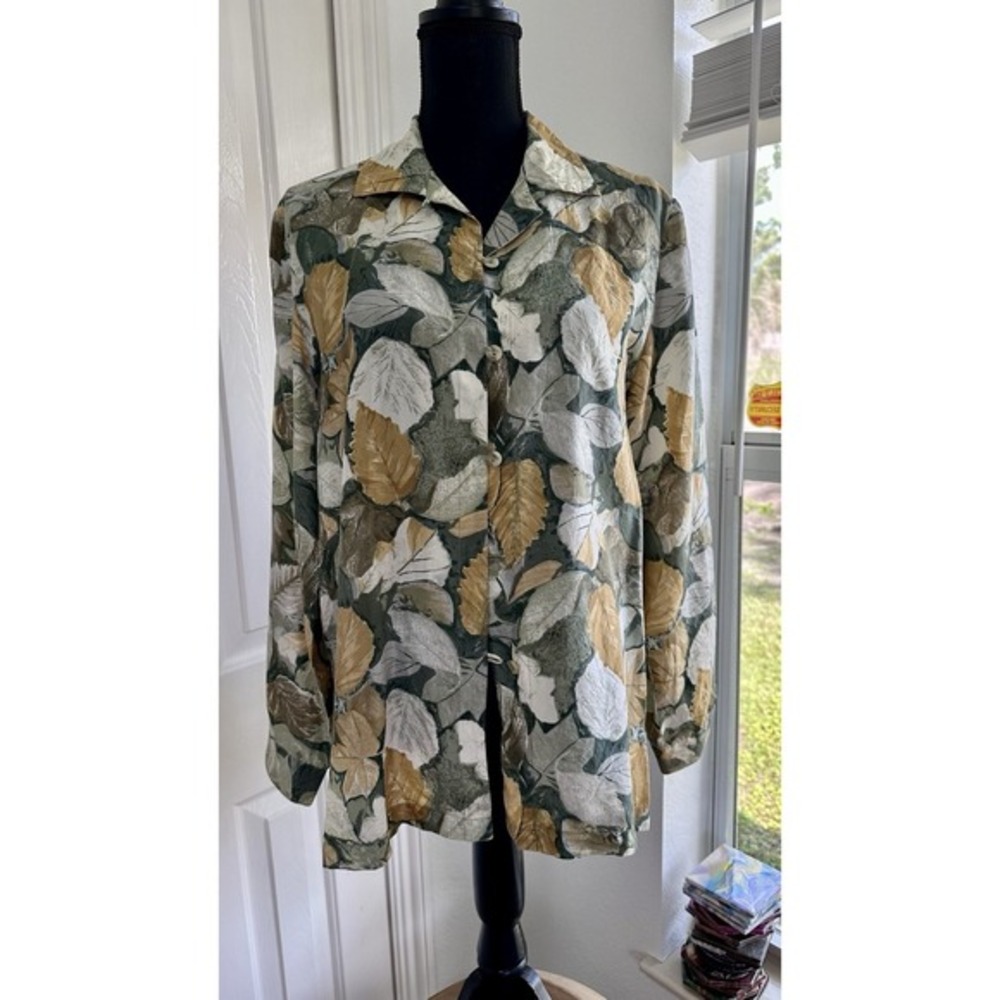 Vintage STUNT 100% Silk Floral Leaf Button Front‎ Shirt Green Ochre Medium